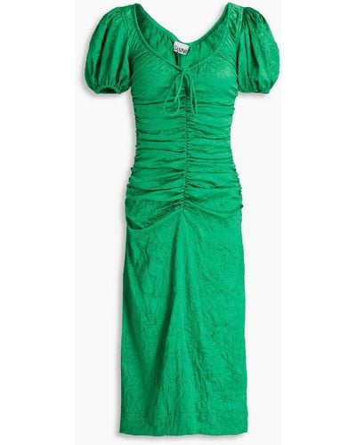 Ganni Ruched Crinkled-satin Midi Dress - Green