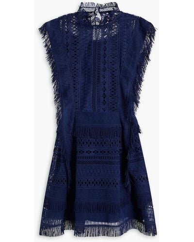 Alberta Ferretti Fringed Guipure Lace And Tulle Mini Dress - Blue