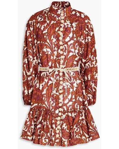 Zimmermann Belted Paisley-print Cotton Mini Dress - Red