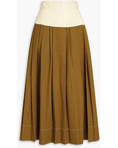 Tory Burch Two-tone Pleated Cotton-twill Midi Skirt - Natural