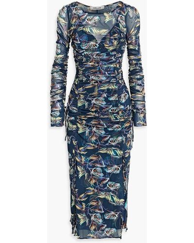 Diane von Furstenberg Corinne Ruched Floral-print Mesh Midi Dress - Blue