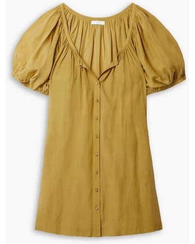 Doen Josette Gathered Organic Cotton-blend Voile Mini Dress - Yellow