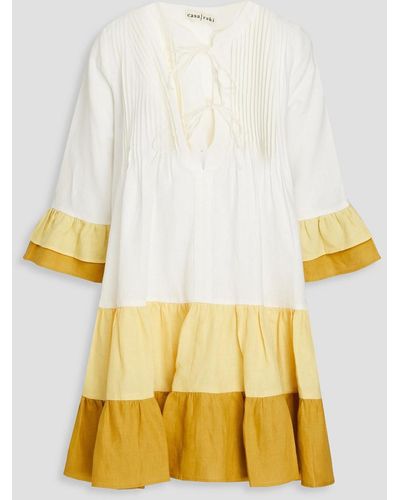 Casa Raki Nina Tiered Color-block Linen Mini Dress - Yellow