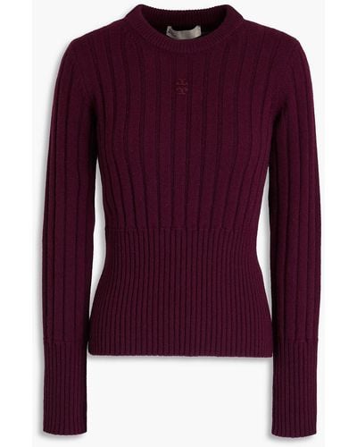 Tory Burch Embroidered Ribbed Cashmere Sweater - Purple