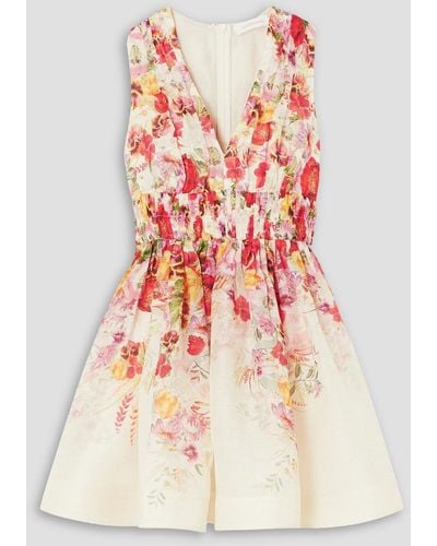 Zimmermann Pleated Floral-print Linen And Silk-blend Organza Mini Dress - White