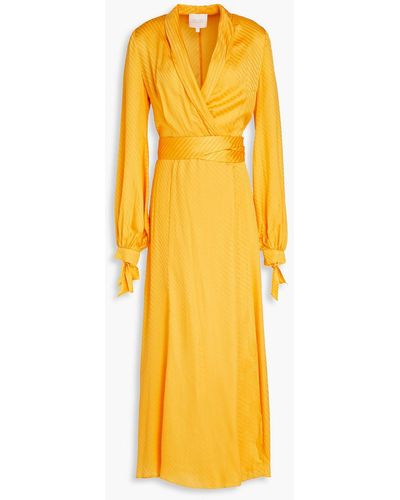 Galvan London Gathered Silk-jacquard Midi Wrap Dress - Yellow