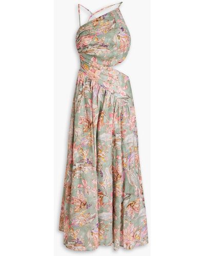 Zimmermann Asymmetric Cutout Floral-print Linen Midi Dress - Natural