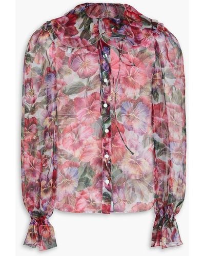 Dolce & Gabbana Pussy-bow Ruffled Floral-print Silk-organza Shirt - Pink