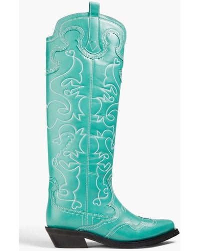 Ganni Embroidered Leather Cowboy Boots - Green