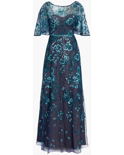 Marchesa Sequin-embellished Embroidered Tulle Maxi Dress - Blue