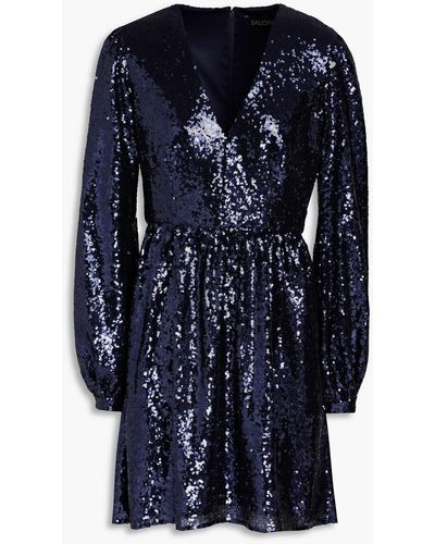Saloni Camille Wrap-effect Sequined Tulle Mini Dress - Blue