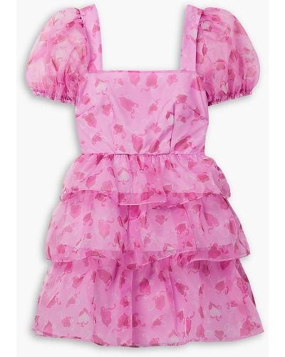HVN Mimi Tiered Printed Organza Mini Dress - Pink