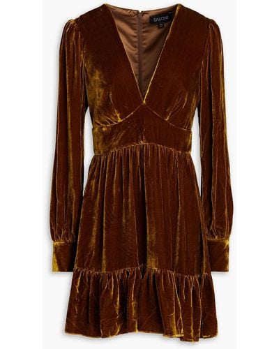 Saloni Pia Gathered Velvet Mini Dress - Brown