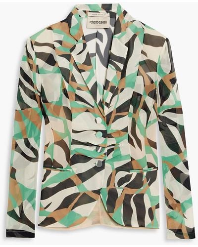 Roberto Cavalli Pleated Printed Silk Jacket - Natural