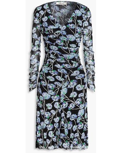 Diane von Furstenberg Missy Ruched Floral-print Stretch-mesh Dress - Black