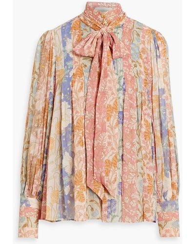 Zimmermann Pussy-bow Pleated Floral-print Chiffon Blouse - Pink