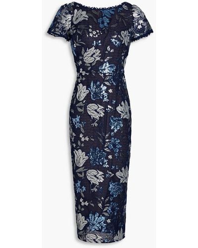 Marchesa Sequin-embellished Embroidered Tulle Midi Dress - Blue