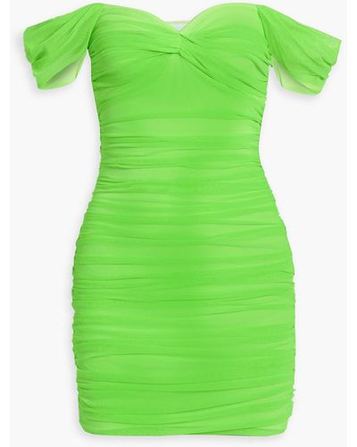 Norma Kamali Walter Off-the-shoulder Ruched Stretch-mesh Mini Dress - Green