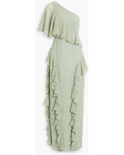 Mikael Aghal Bedruckte robe aus chiffon mit rüschen und asymmetrischer schulterpartie - Grün