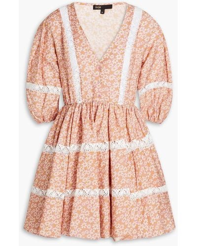 Maje Lace-trimmed Gathered Floral-print Voile Mini Dress - Pink