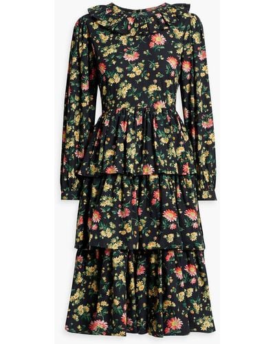 BATSHEVA Welsh Tiered Floral-print Cotton-poplin Dress - Black