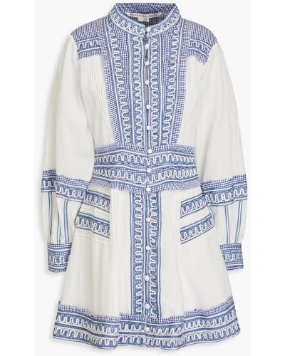 Veronica Beard Pasha Pintucked Gingham Cotton And Linen-blend Mini Dress - Blue
