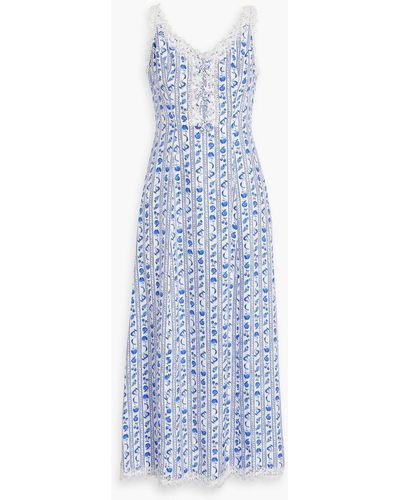 HVN Ari Lace-trimmed Printed Silk-satin Midi Dress - Blue