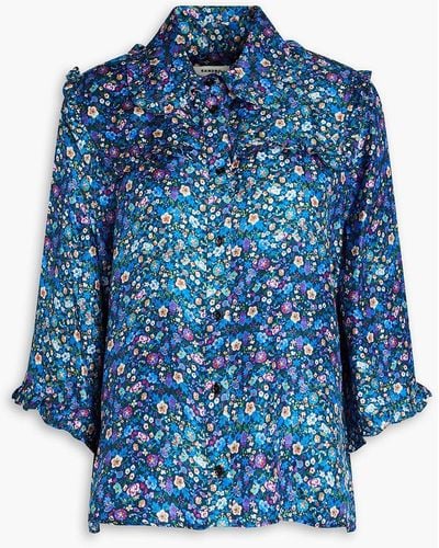Sandro Ruffled Floral-print Silk-twill Shirt - Blue