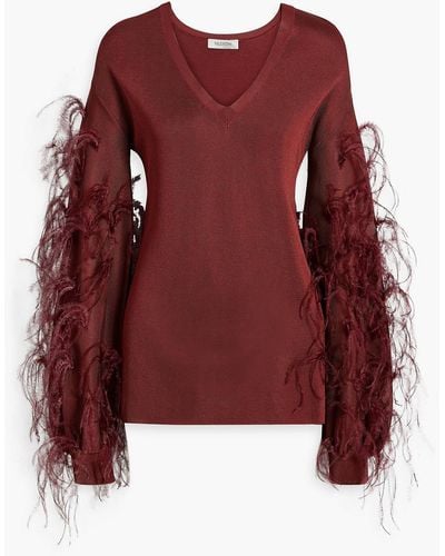 Valentino Garavani Feather-trimmed Knitted Sweater - Red