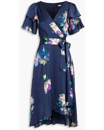 DKNY Wrap-effect Pleated Floral-print Satin-crepe Dress - Blue