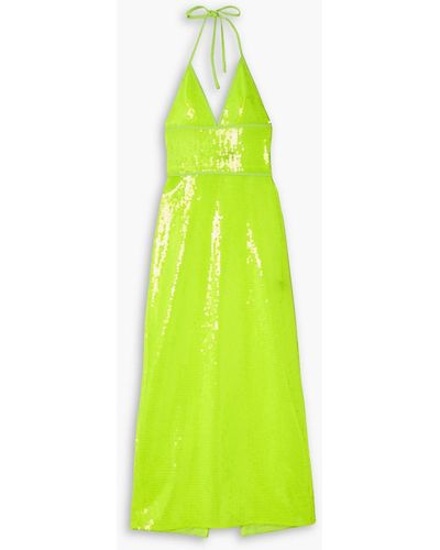David Koma Neon Sequined Tulle Halterneck Midi Dress - Green