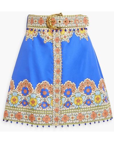 Zimmermann Embellished Printed Cotton And Silk-blend Twill Mini Skirt - Blue