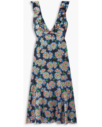 Saloni Holly Ruffled Floral-print Silk Midi Dress - Blue