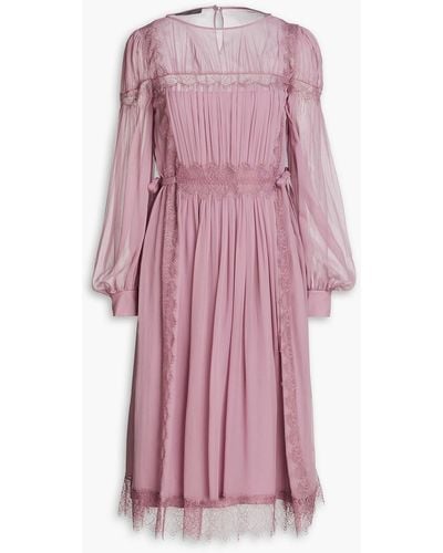 Alberta Ferretti Lace-trimmed Gathered Silk-chiffon Dress - Pink