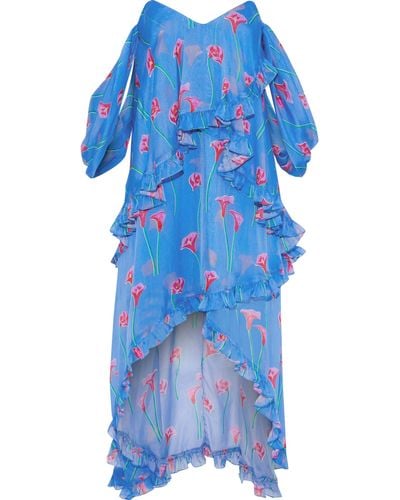 Caroline Constas Melina Off-the-shoulder Draped Floral-print Silk-chiffon Dress - Blue