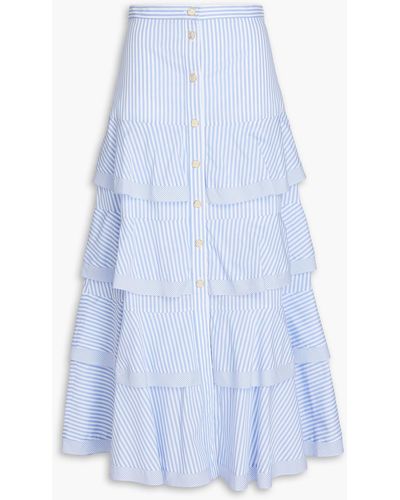 Sandro Tiered Striped Cotton-blend Poplin Midi Skirt - Blue
