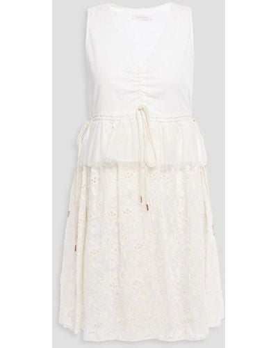 See By Chloé Gathered Broderie Anglaise Cotton-blend Mini Dress - White