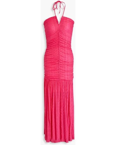 Ganni Ruched Textured-knit Halterneck Maxi Dress - Pink