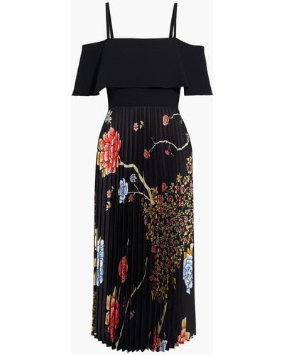 Victoria Beckham Cold-shoulder Crepe-paneled Pleated Floral-print Satin-twill Midi Dress - Black