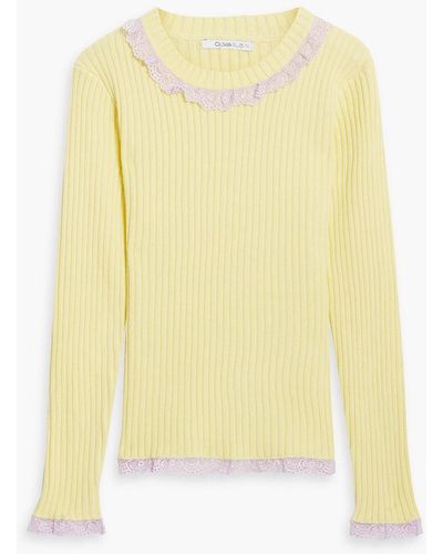 Olivia Rubin Lace-trimmed Two-tone Ribbed-kit Sweater - Yellow
