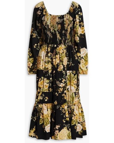 Mikael Aghal Off-the-shoulder Gathered Floral-print Crepe Midi Dress - Black
