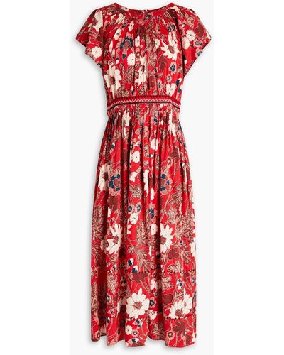 Ulla Johnson Lottie Pleated Floral-print Cotton-blend Midi Dress - Red