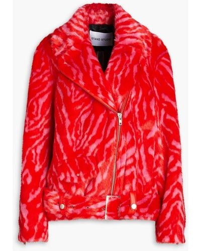 Stand Studio Leana Zebra-print Faux Fur Biker Jacket - Red