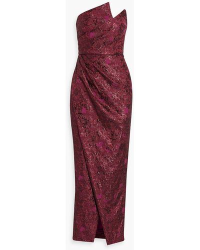 THEIA Strapless Metallic Floral-jacquard Wrap Gown - Red