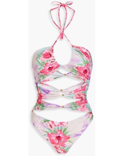 Maje Cutout Knotted Floral-print Halterneck Bandeau Swimsuit - Pink