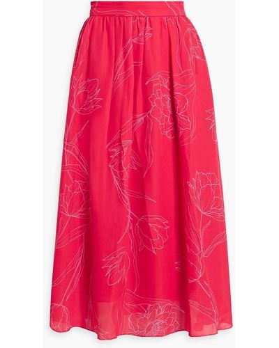 Carolina Herrera Gathe Floral-print Silk-crepe Midi Skirt - Red