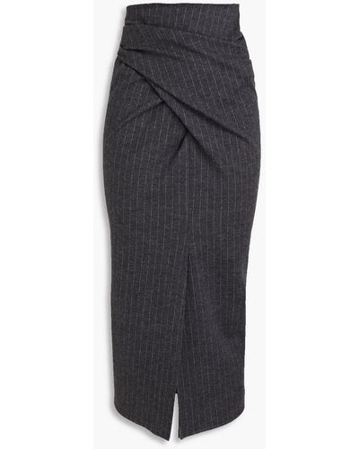 Brunello Cucinelli Draped Pinstriped Wool And Cotton-blend Felt Midi Skirt - Black