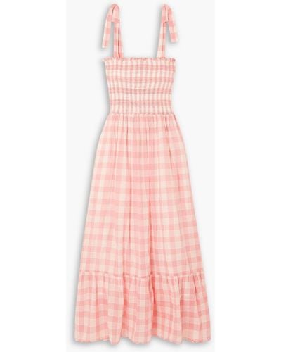 The Great The Lagoon Shirred Gingham Linen And Cotton-blend Dress - Pink
