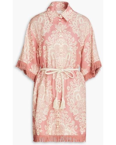 Zimmermann Fringed Floral-print Linen Mini Shirt Dress - Pink