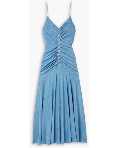 Monique Lhuillier Crystal-embellished Ruched Metallic Stretch-jersey Maxi Dress - Blue